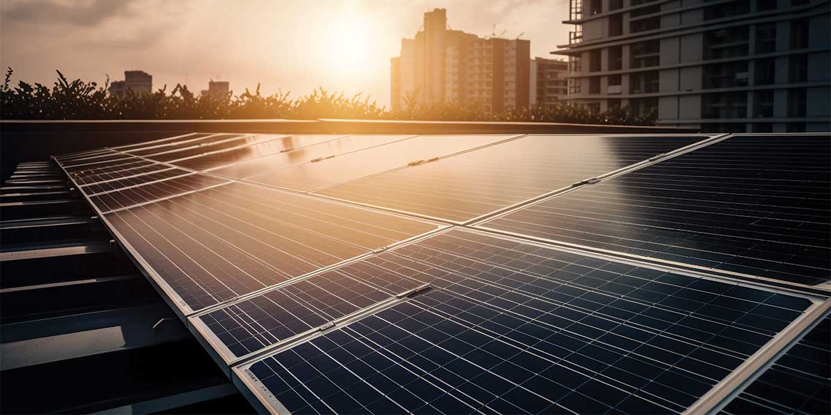 Solar panels laid out on a apartment roof