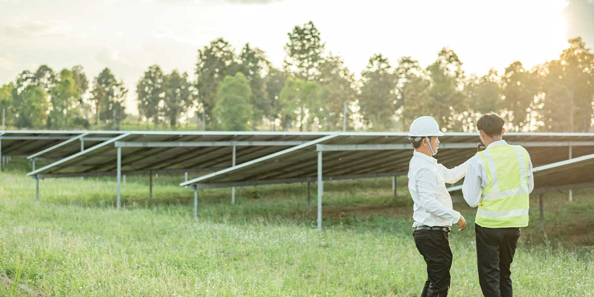 Solar energy experts inspecting a large solar farm. Expert Electric helps businesses embrace solar power by debunking myths about solar energy and promoting clean, renewable solutions.