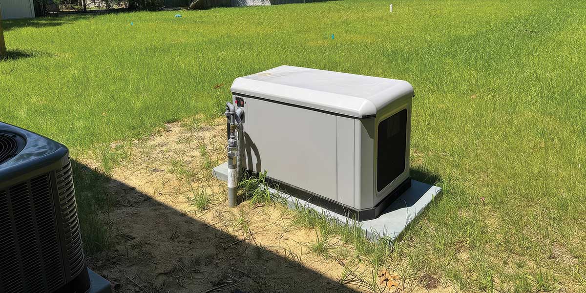 Residential standby generator in a grassy yard, connected to a fuel supply. This example of Home Backup Generators by Expert Electric illustrates whole-home coverage with automatic start features for long-term outage protection in suburban or rural properties.