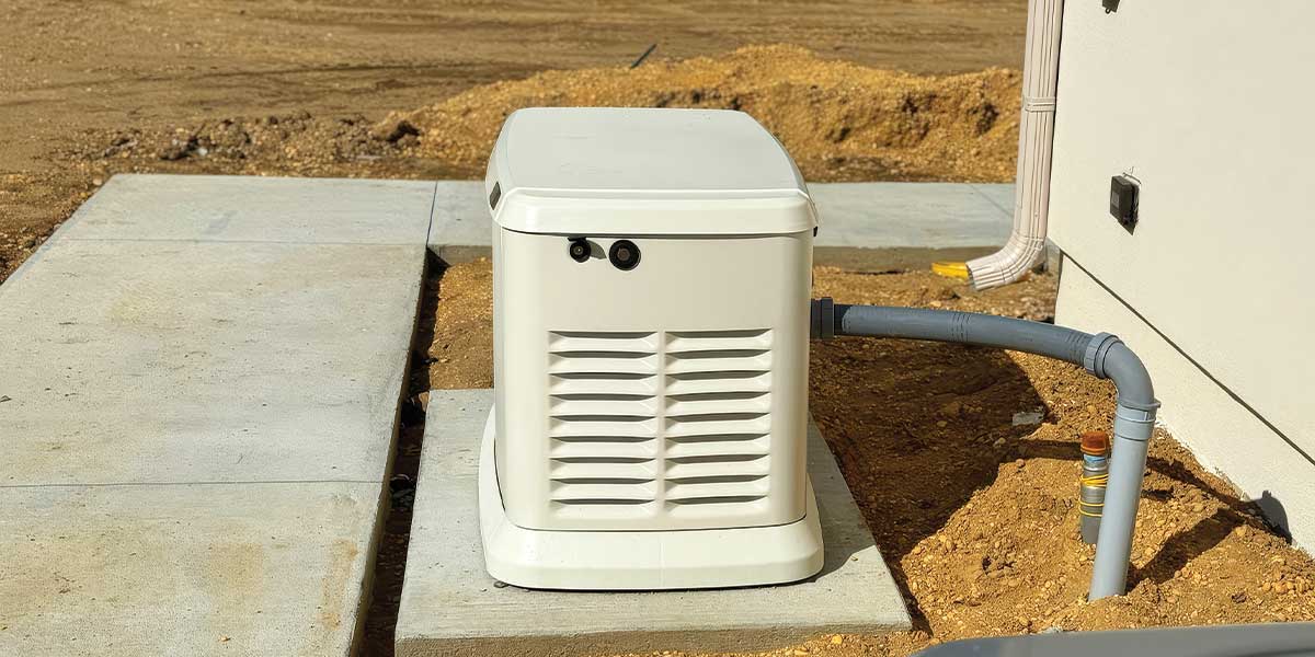 Installed standby unit on a concrete pad outside a modern home, showing a fuel line connection. Home Backup Generators like this one from Expert Electric offer reliable, automated power during outages and are ideal for full-home coverage in regions prone to weather disruptions.