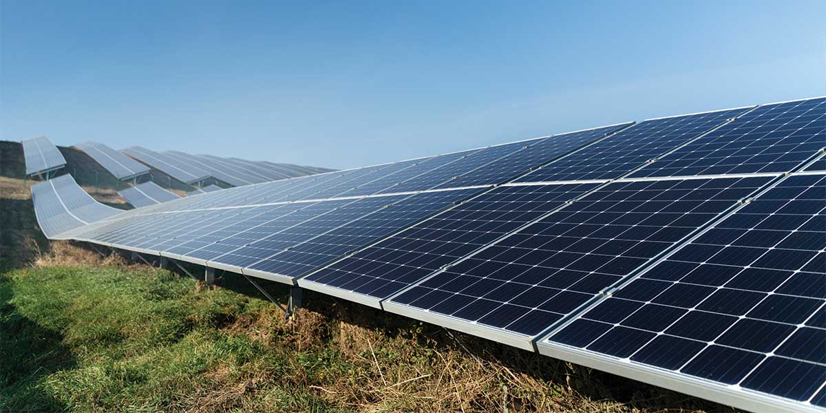 Expert Electric features a solar farm integrated with wind turbines, promoting how solar power is reducing carbon footprints globally through hybrid renewable energy systems.
