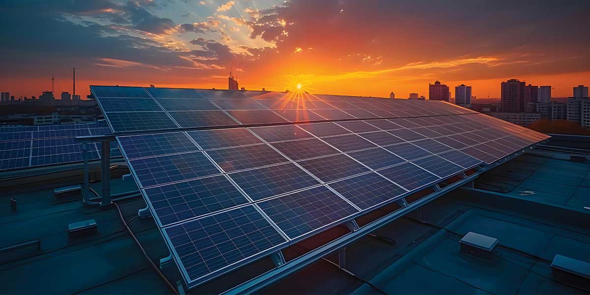 Expert Electric showcases rooftop solar panels at sunrise, highlighting how solar power is reducing carbon footprints globally through clean energy solutions for large-scale buildings.
