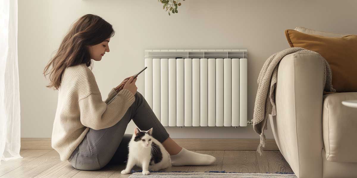 womain with a cat in front of heater. - Need Heat in Vancouver? Our Experts Can Help