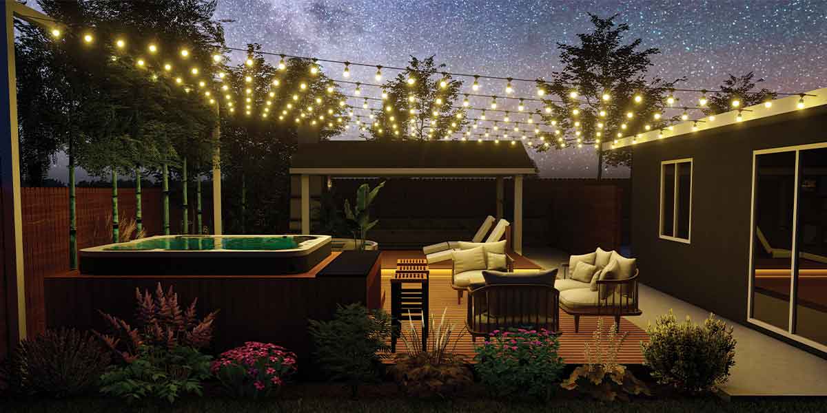 Patio and Garden Lighting setup by Expert Electric showcasing bright string lights over a modern patio with a hot tub, outdoor furniture, garden beds, and a starry sky ambiance to enhance outdoor entertaining and relaxation.