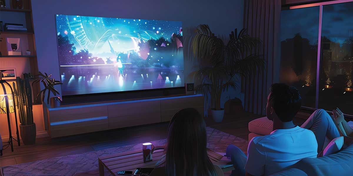 a couple of people watching a movie in a dark room - Setting up a Home Theatre