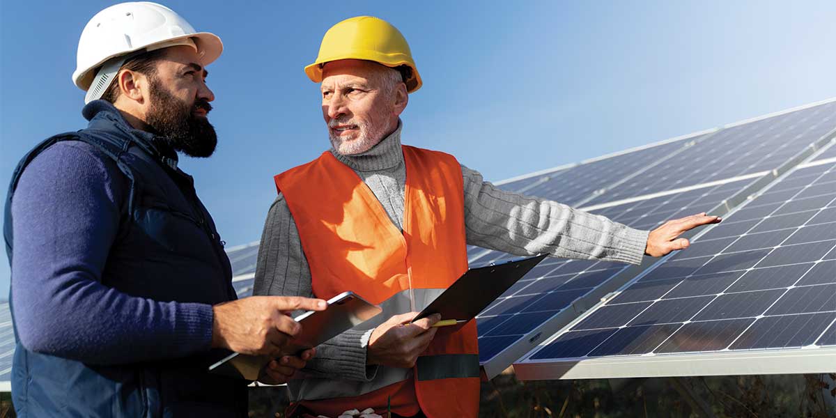 Two engineers inspect a solar panel installation, showcasing the teamwork behind renewable energy solutions. This image reflects the commitment of Expert Electric to providing reliable guidance and services for solar energy for beginners, making the switch to clean energy seamless and efficient.