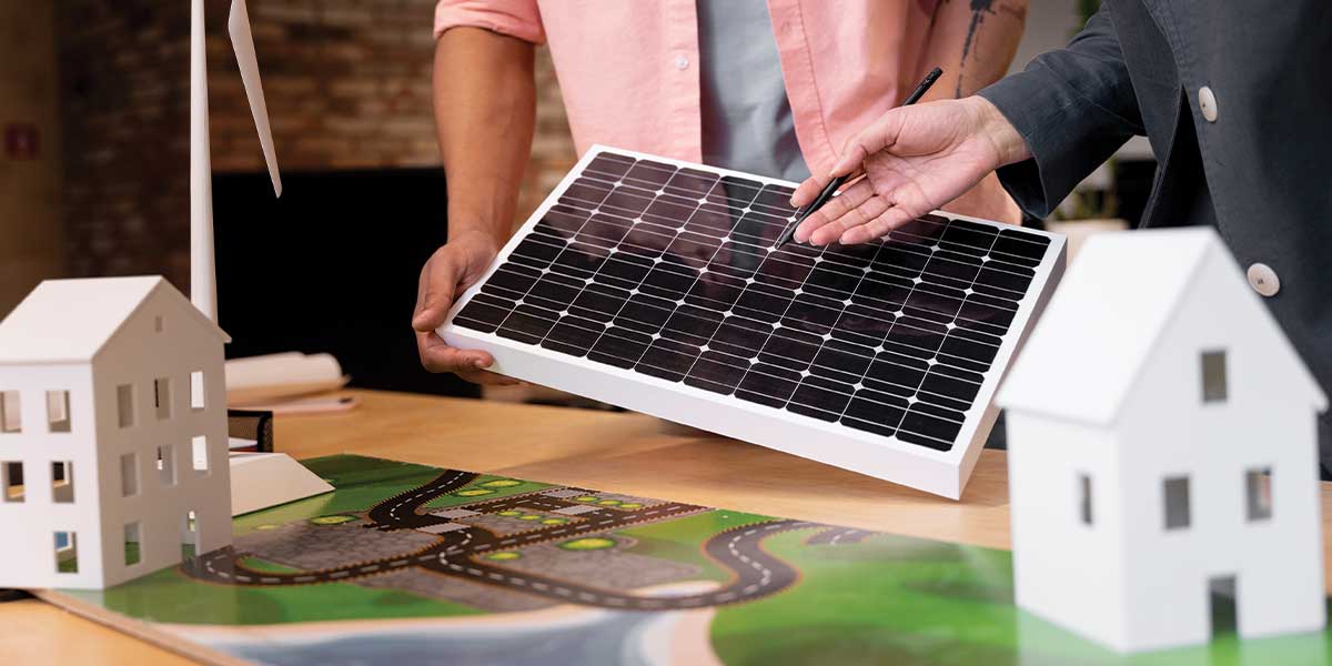 A close-up of professionals holding a solar panel model in an office setting, discussing solar energy planning for homes. This image represents Expert Electric's commitment to guiding solar energy for beginners with expert advice, ensuring an easy and efficient transition to renewable energy solutions.