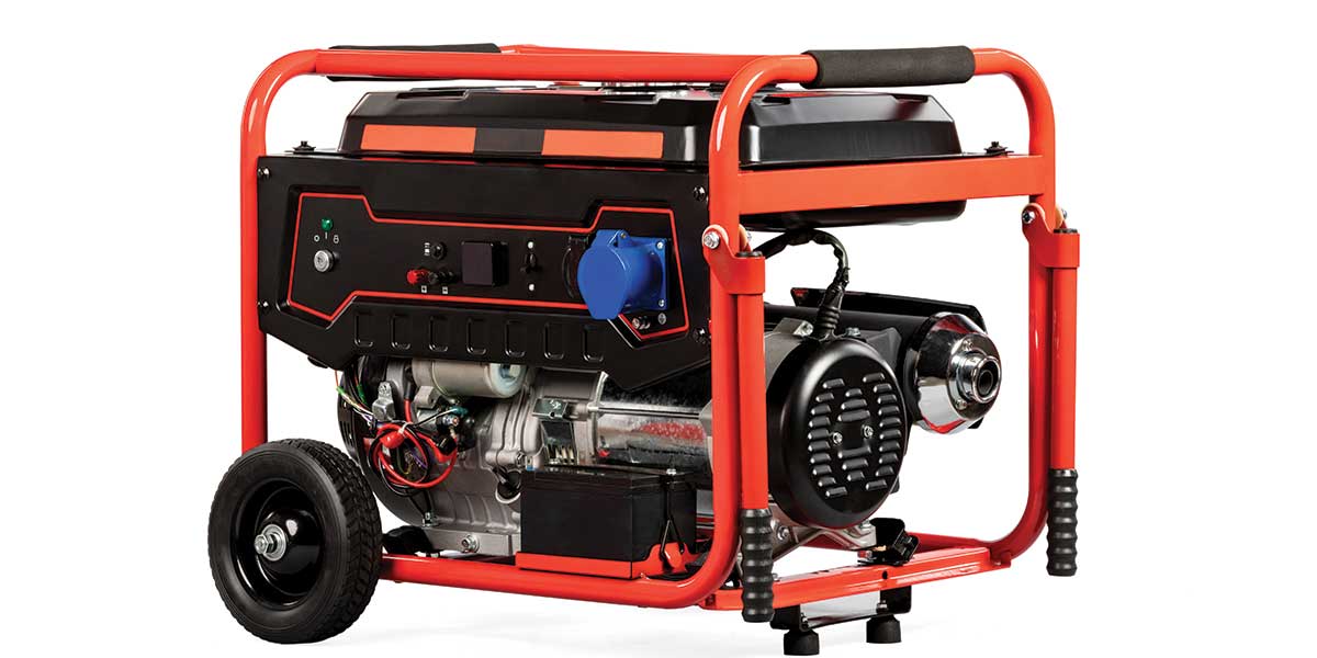 A red portable gas generator with a sturdy frame, wheels, and an electric start panel, designed for mobile power supply applications.