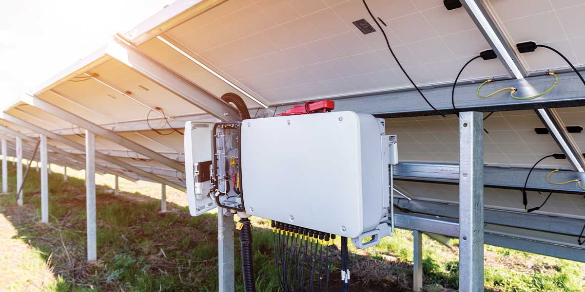 A close-up of a solar inverter installed beneath solar panels, showcasing wiring and electrical connections for converting solar energy into usable power. - Solar Generators vs. Gas Generators